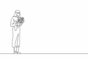 Poster - Single continuous line drawing Arabian male musician performing classic melody on French horn. Instrumentalist playing music on brass instrument. Man with trumpet. One line draw graphic design vector