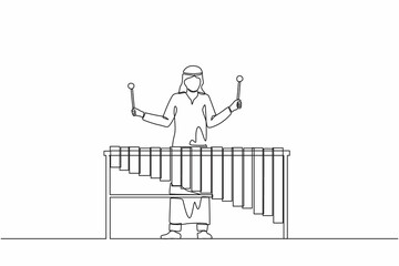 Poster - Single continuous line drawing Arab man percussion player play marimba. Male musician playing traditional Mexican marimba instrument at music festival. One line draw graphic design vector illustration