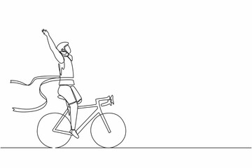 Poster - Single continuous line drawing disability games male disabled athlete or sportsman riding bicycle and crossing finish line. Ribbon breaker winner. Winning champion concept. One line draw design vector