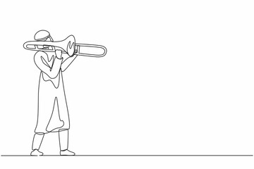 Poster - Continuous one line drawing Arabian trombone player. Male performer play wind instrument. Music artist boy. Jazz man. Musician play trumpet. Classic music event. Single line draw graphic design vector