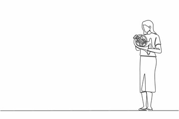 Poster - Continuous one line drawing female musician in blazer performing classic melody on French horn. Instrumentalist playing music on brass instrument. Woman with trumpet. Single line graphic design vector