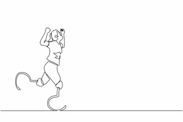 Poster - Single continuous line drawing woman athlete marathon runner with prostheses instead of legs. Sports for disabled, Disability games. Run. Active life with physical injury. One line draw design vector