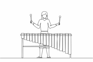 Poster - Continuous one line drawing woman percussion player play marimba. Young female musician playing traditional Mexican marimba instrument at music festival. Single line design vector graphic illustration