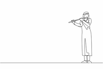 Poster - Single continuous line drawing Arab male musician playing flute, standing on stage. Flutist performing classical music on wind instrument. Solo performance of talented flautist. One line design vector