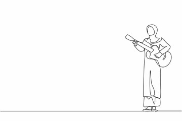 Poster - Continuous one line drawing Arab woman playing acoustic guitar. Teenage girl musician playing strings at musical performance. Professional musician. Single line draw design vector graphic illustration