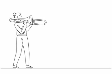 Poster - Single continuous line drawing trombone player. Female performer play wind instrument. Music artist girl. Jazz woman. Musician play trumpet. Classic music event. One line draw graphic design vector
