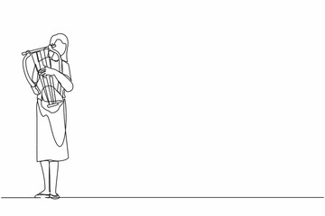 Poster - Continuous one line drawing female musician playing musical lyre. Classical music orchestra woman artist with music instrument. Professional musician performs on stage. Single line draw design vector
