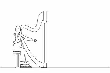Poster - Single one line drawing Arab woman musician playing harp. Classical music performer character with musical instrument. Female sitting, playing harp. Continuous line design graphic vector illustration