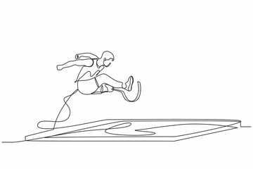 Poster - single one line drawing male athlete amputee on prosthetic leg long jump competition at athletics. l