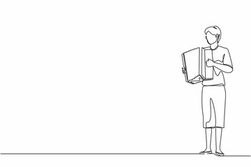 Poster - single one line drawing woman musician playing accordion. female performer plays acoustic musical in