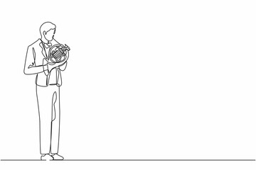 Poster - Single continuous line drawing male musician in suit performing classic melody on French horn. Instrumentalist playing music on brass instrument. Man with trumpet. One line draw graphic design vector