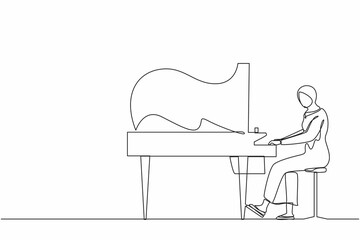 Poster - Single one line drawing Arab woman plays piano. Female performer sits at musical instrument and plays jazz or blues. Professional musician. Person performs on stage. Continuous line draw design vector