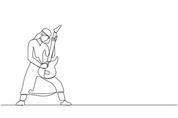 Poster - Continuous one line drawing Arabian male musician playing electric guitar. Man practicing in playing guitar. Guitarist perform playing music instrument on stage. Single line draw design vector graphic