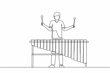 Poster - Continuous one line drawing man percussion player play marimba. Young male musician playing traditional Mexican marimba instrument at music festival. Single line design vector graphic illustration