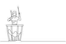Continuous One Line Drawing Female Percussion Player Play On Timpani. Woman Performer Holding Stick And Playing Musical Instrument. Musical Instrument Timpani. Single Line Draw Design Vector Graphic