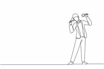 Continuous one line drawing man street band player mariachi plays maracas. Male performer with maracas musical instruments, mariachi player at national festival. Single line draw design vector graphic