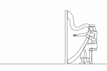 Poster - Single one line drawing Arab man musician playing harp. Classical music performer character with musical instrument. Male sitting and playing harp. Continuous line design graphic vector illustration