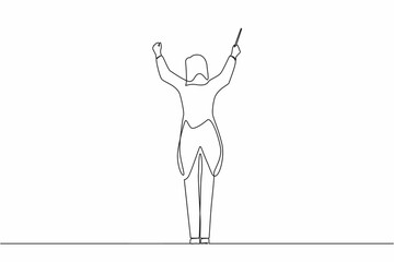 Poster - Single continuous line drawing back view woman conductor performing on stage, female musician in tuxedo directing classic instrumental symphony orchestra. One line graphic design vector illustration