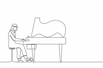 Poster - Single continuous line drawing Arab man plays piano. Male performer sits at musical instrument and plays jazz or blues. Professional musician. Person performs on stage. One line graphic design vector