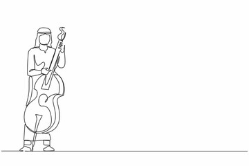 Poster - Continuous one line drawing double bass player standing with big string instrument. Arab man musician playing classical music with fingers. Professional contrabassist. Single line draw design vector