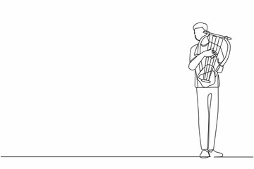 Poster - Continuous one line drawing male musician playing musical lyre. Classical music orchestra man artist with music instrument. Professional musician performs on stage. Single line graphic design vector