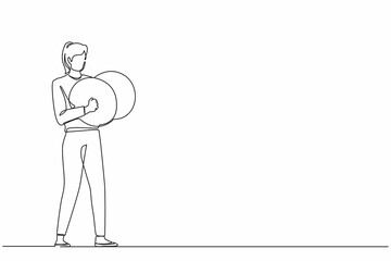 Poster - Single continuous line drawing female musician playing cymbals. Woman performer playing classical music with percussion musical instrument. Person performs on stage. One line graphic design vector