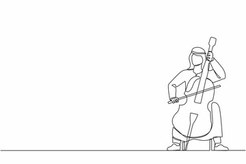 Poster - Single one line drawing young Arab male performer playing on contrabass. Cellist man playing cello, musician playing classical music instrument. Continuous line draw design graphic vector illustration
