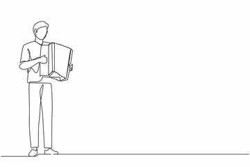 Poster - Single one line drawing man musician playing accordion. Male performer plays acoustic musical instrument. Accordionist perform playing music instrument. Continuous line draw design vector illustration