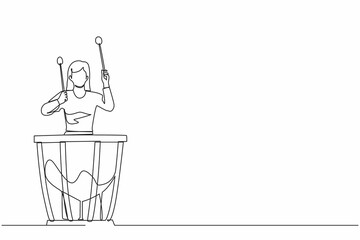 Poster - Continuous one line drawing female percussion player play on timpani. Woman performer holding stick and playing musical instrument. Musical instrument timpani. Single line draw design vector graphic