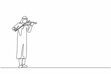 Poster - Single one line drawing Arabian man musician playing violin. Classical music performer with musical instrument. Male musician playing violin. Continuous line draw design graphic vector illustration