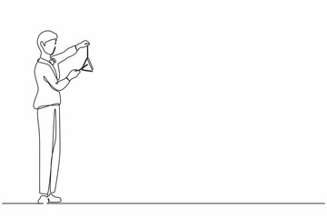 Poster - Continuous one line drawing male musician playing musical triangle. Classical music orchestra man artist with music instrument. Professional musician performs on stage. Single line draw design vector