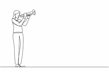 Poster - Single one line drawing woman playing trumpet. Music instrumental. Jazz musician playing trumpet instrument. Trumpet player. Orchestra performer. Music performance. Continuous line draw design vector
