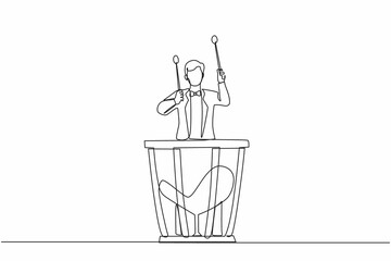 Poster - Single continuous line drawing male percussion player play on timpani. Man performer holding stick and playing musical instrument. Musical instrument timpani. One line draw design vector illustration