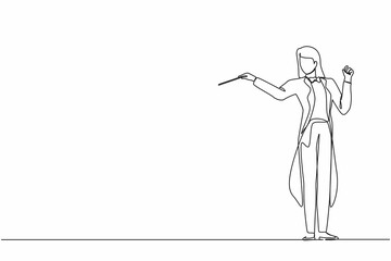 Poster - Continuous one line drawing woman music orchestra conductor. Female musician in tuxedo suit with arm gestures. Expressive conductor directs orchestra during performance. Single line draw design vector