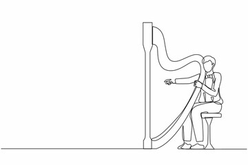 Poster - Single one line drawing man musician playing harp. Classical music performer character with musical instrument. Male sitting and playing harp. Continuous line draw design graphic vector illustration