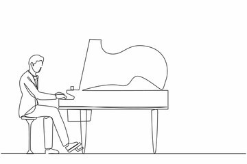 Poster - Continuous one line drawing man plays piano. Male performer sits at musical instrument and plays jazz or blues. Professional musician. Person performs on stage. Single line draw design vector graphic
