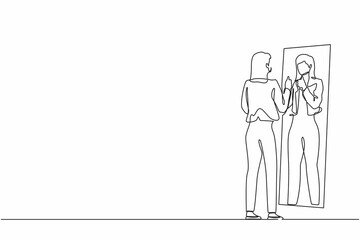 Poster - Single continuous line drawing businesswoman loves to look at her reflection in mirror with thumbs up pose. Woman in mirror reflection, egoistic, attractive confidence. One line graphic design vector