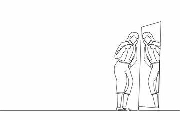 Wall Mural - Continuous one line drawing angry businesswoman fight with mirror reflection. Furious girl have inner conflict, mental health problems. Suffering from abuse, self-violence. Single line design vector