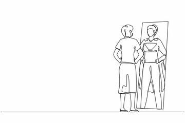 Aufkleber - single one line drawing businesswoman looking at reflection in mirror and seeing super hero standing