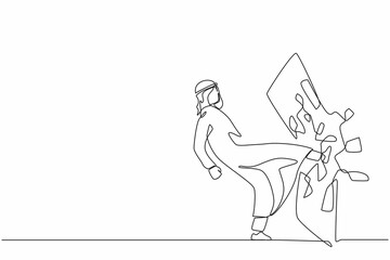 Poster - Single one line drawing Arabian businessman kicked mirror and shattered it. Breaking impossible barrier. Business motivation, breakthrough concept.  Continuous line design graphic vector illustration