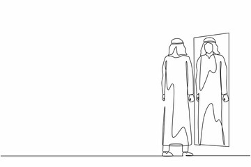 Poster - Single one line drawing Arab businessman looks himself in the mirror. Clerk or manager looking at his reflection in mirror and evaluating his attire. Continuous line design graphic vector illustration