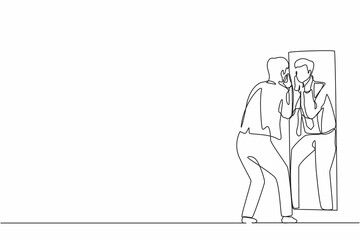 Poster - Single continuous line drawing businessman holding his face on reflection mirror. Man applying lotion on stubble after-shaving or trimming, looking at mirror. One line draw design vector illustration