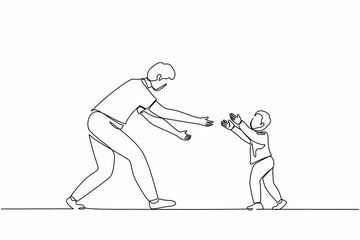 Wall Mural - Continuous one line drawing little boy running to his dad. Child happy to greet dad returning home from business trip. Dad stretching hands to son. Cheerful kid and parent. Single line design vector