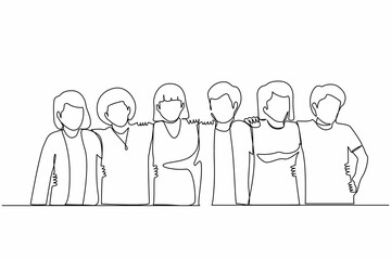 Wall Mural - Continuous one line drawing friends forever. Hugging happy friendship with boys and girls standing together. Group of friends, men and women good relationships. Single line draw design vector graphic