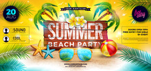 Summer Beach Party Banner Flyer Design With Sunglasses And Beach Ball On Tropical Island With Typography Lettering On Vintage Wood Board Background. Vector Summer Holiday Illustration With Exotic Palm