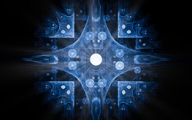 Aufkleber - abstract illustration of a computer generated fantastic emblem in various shapes and shades on a black background for use in symbology, signs for digital design and graphics