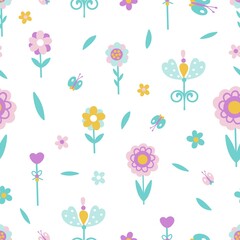 Canvas Print - Summer spring garden flowers and butterfly seamless pattern. Cute scandinavian style childish print. Simple decorative fashion abstract botanical vector texture