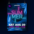 Summer Party Flyer Design Template with Glowing Neon Light Lettering on Fluorescent Tropic Leaves Background. Vector Summer Celebration Holiday Illustration for Banner, Flyer, Invitation or