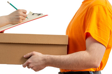 Delivery man with paper bag, clipboard. Courier in uniform cap and t-shirt  service fast delivering orders. Young guy holding a cardboard package. Character for advertising