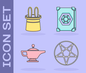 Sticker - Set Pentagram in a circle, Magician hat and rabbit ears, Magic lamp or Aladdin and Ancient magic book icon. Vector